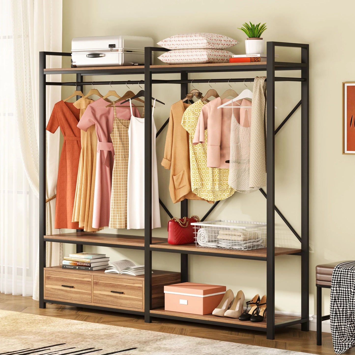 Stable Black & Brown Freestanding Closet Organizer, Large Garment Racks with Drawers Write Review