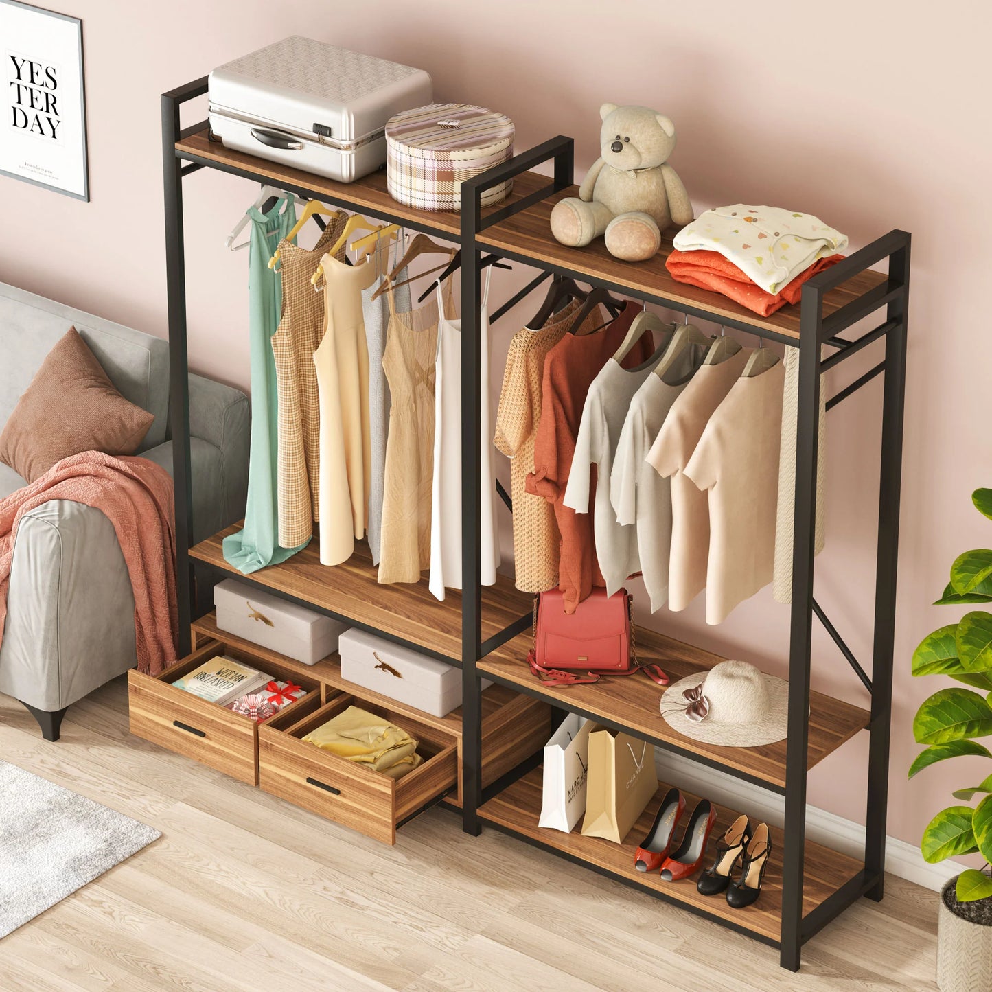 Stable Black & Brown Freestanding Closet Organizer, Large Garment Racks with Drawers Write Review