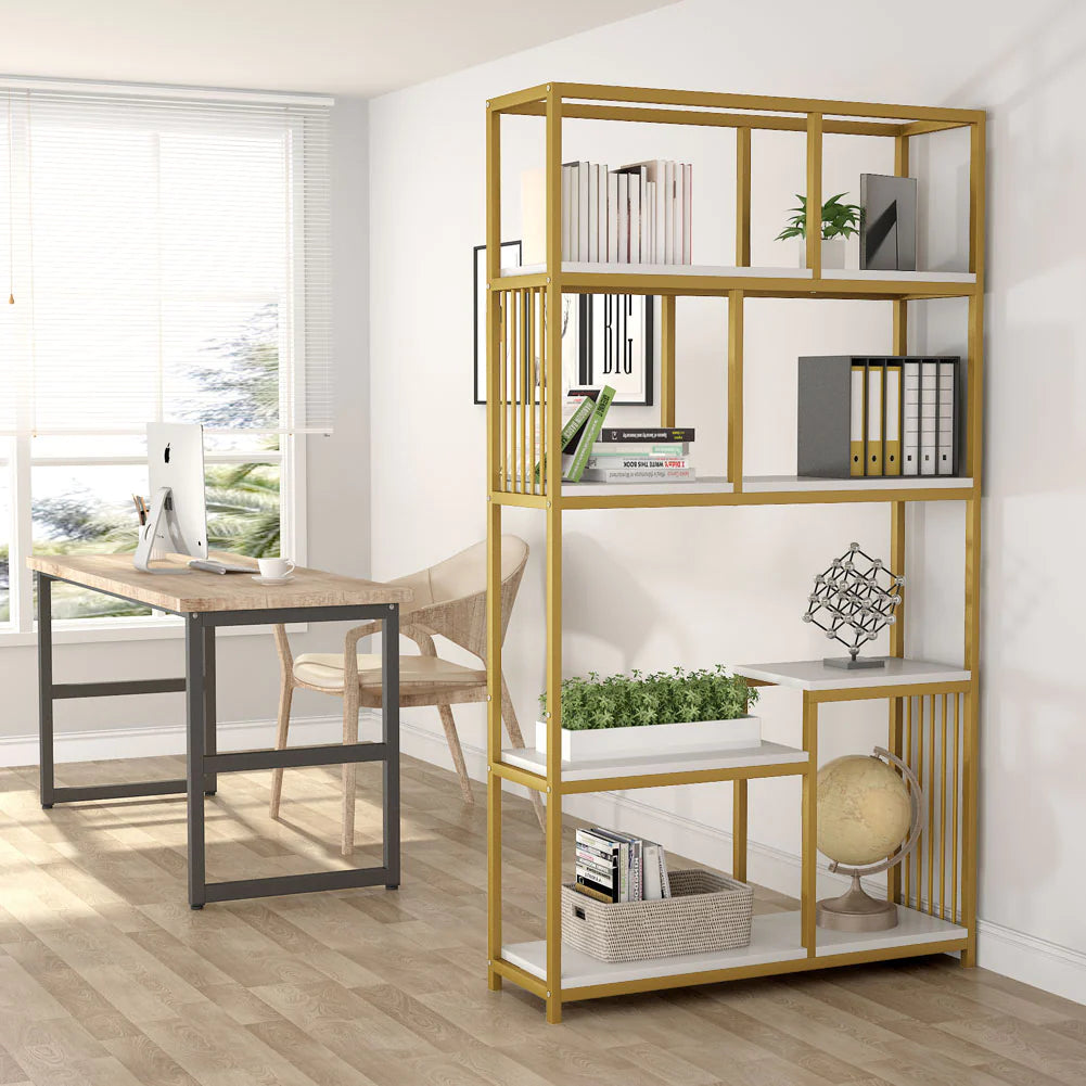 Stable Bookshelf, 7-Open Shelf Bookcase with Gold Sturdy Metal Frame