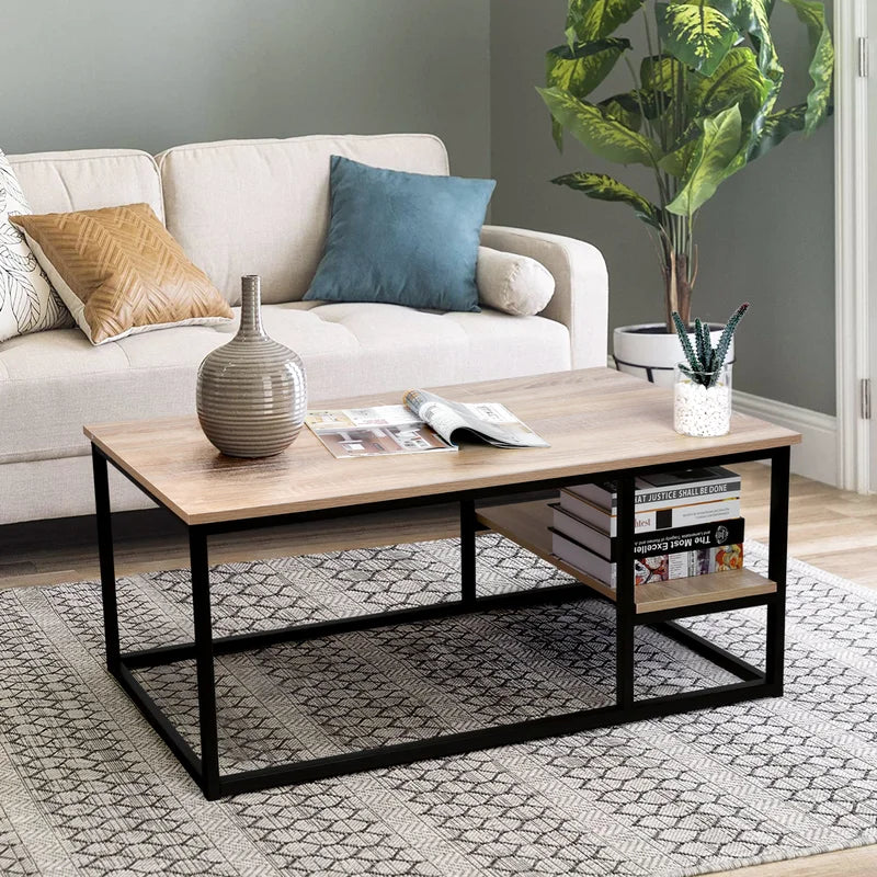 Coffee Table With Shelf Black & Beige 102X52/42 Cm