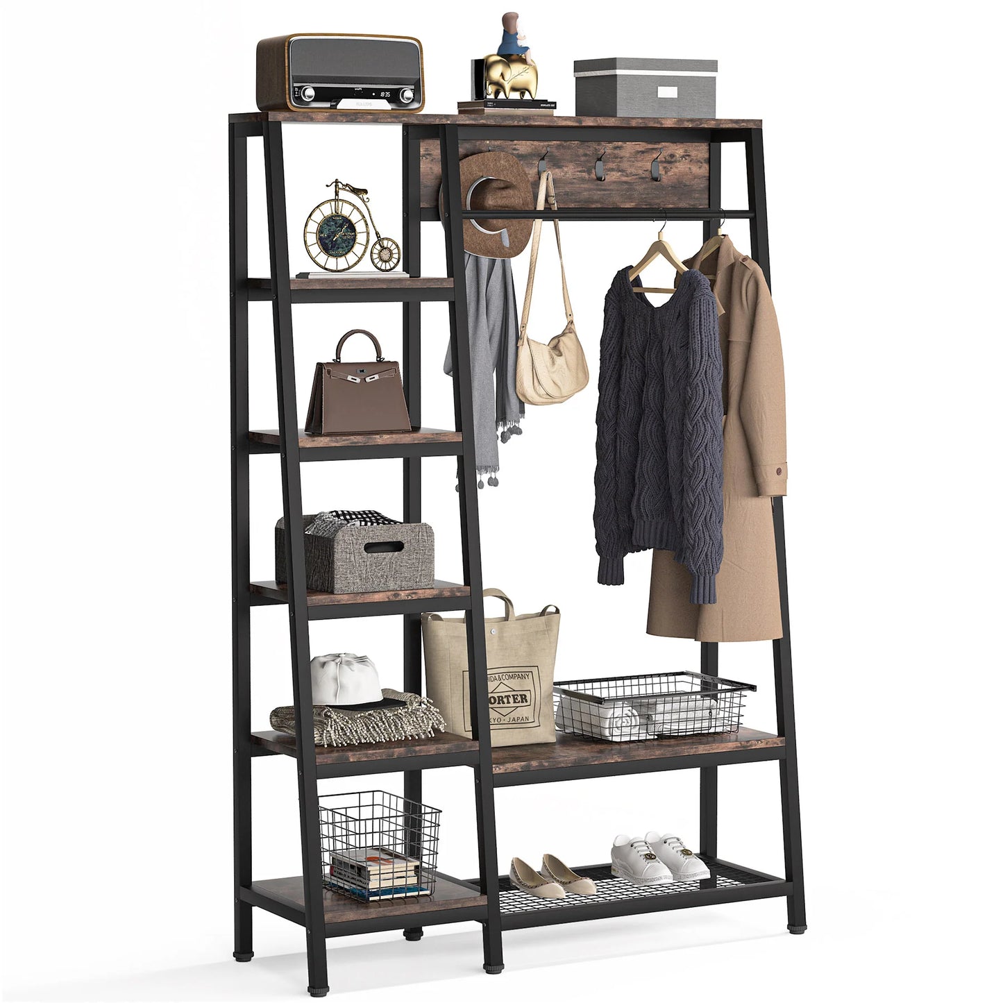 Stable Black & brown Freestanding Closet Organizer, Hall Trees with Shoes Bench
