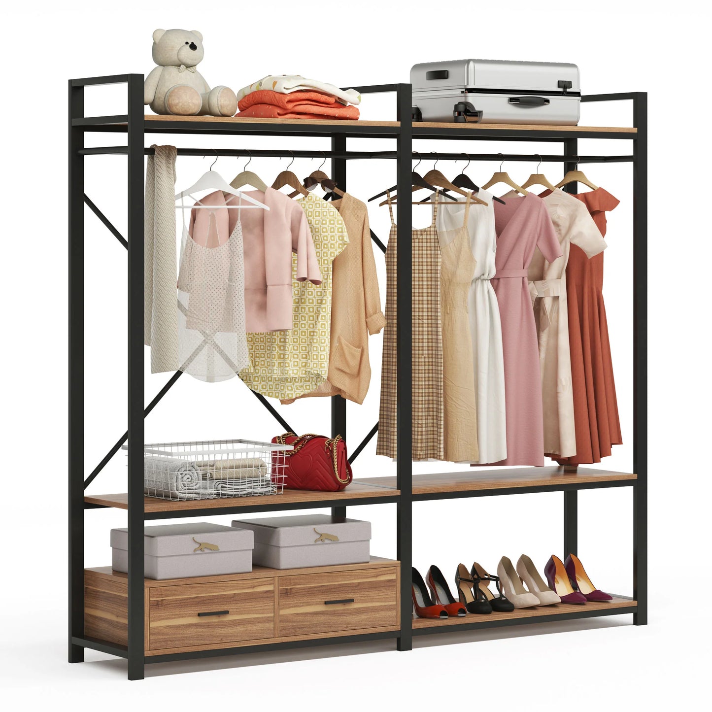 Stable Black & Brown Freestanding Closet Organizer, Large Garment Racks with Drawers Write Review