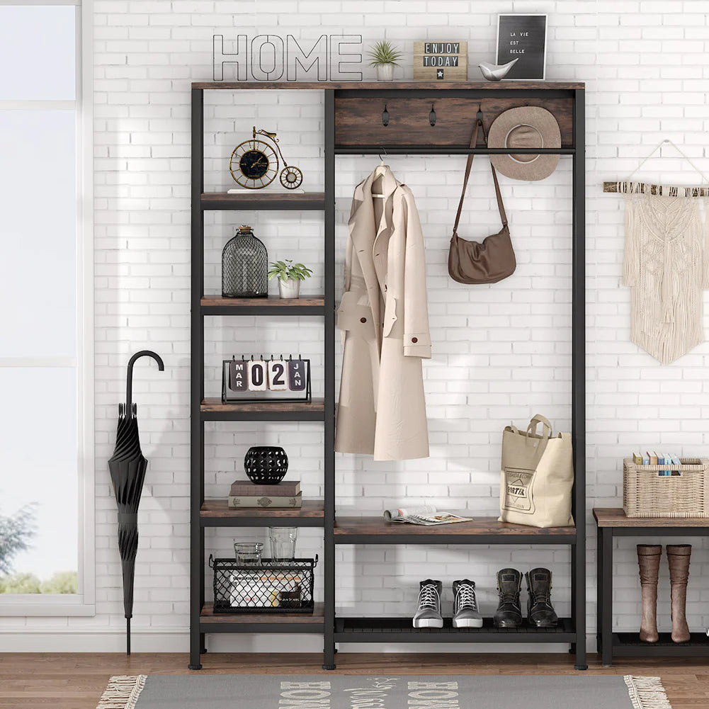 Stable Black & brown Freestanding Closet Organizer, Hall Trees with Shoes Bench