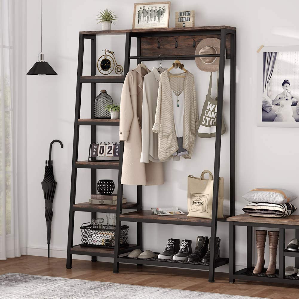 Stable Black & brown Freestanding Closet Organizer, Hall Trees with Shoes Bench