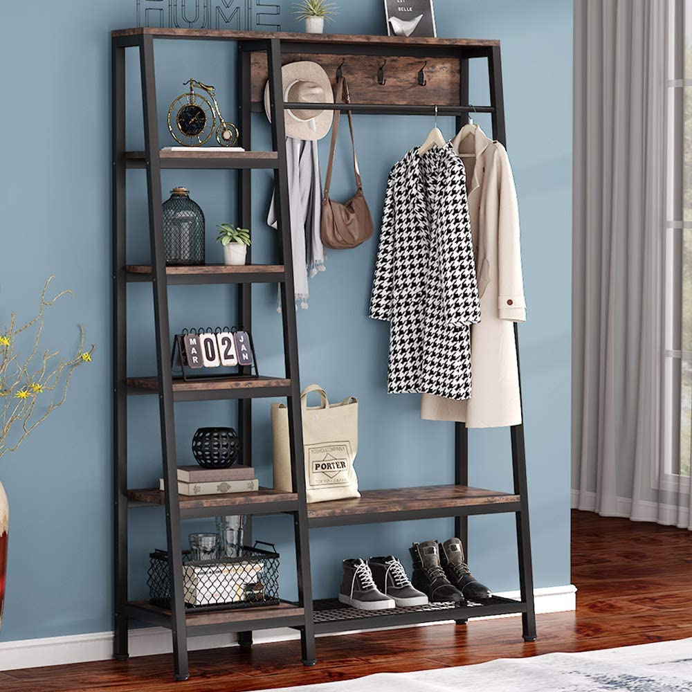 Stable Black & brown Freestanding Closet Organizer, Hall Trees with Shoes Bench