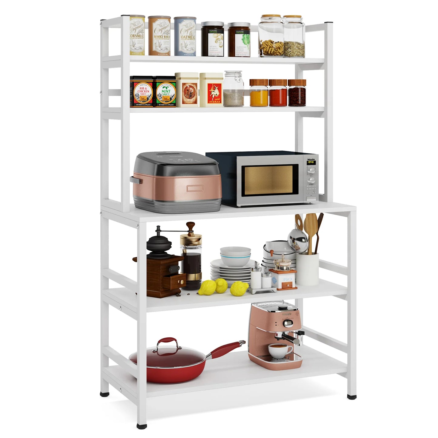 Stable White Kitchen Baker's Rack, 5-Tier Freestanding Kitchen Utility Storage Shelf