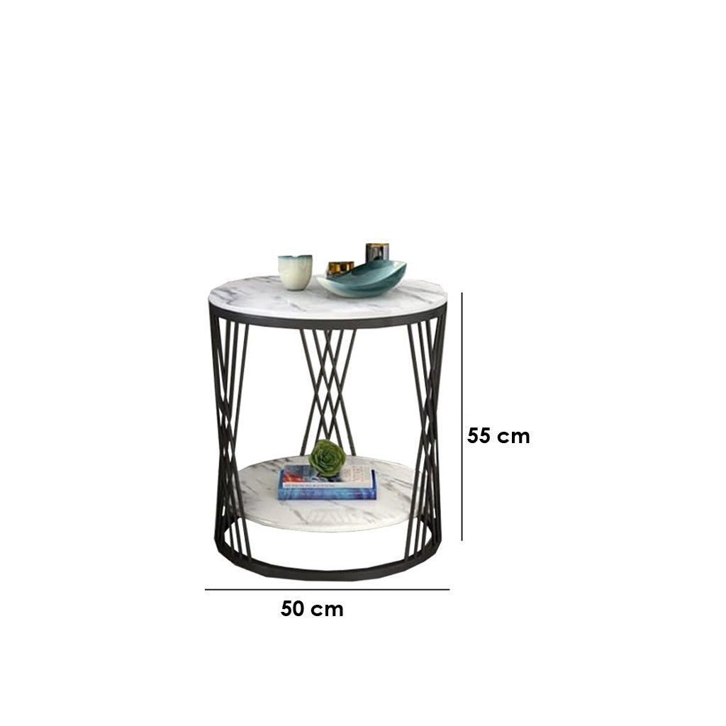 Modern Living Room Side Table, Metal Frame, with Storage, Small (Black and White)