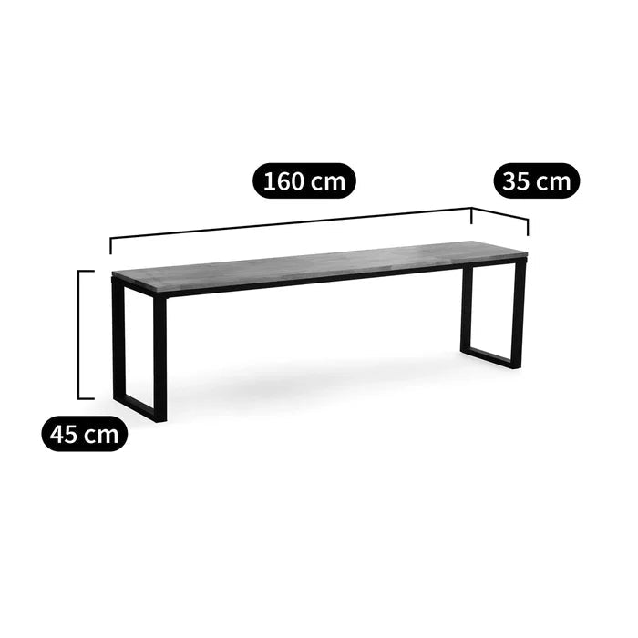 Solid oak bench with black metal legs, rectangular, 160x35x45 cm, modern minimalist design