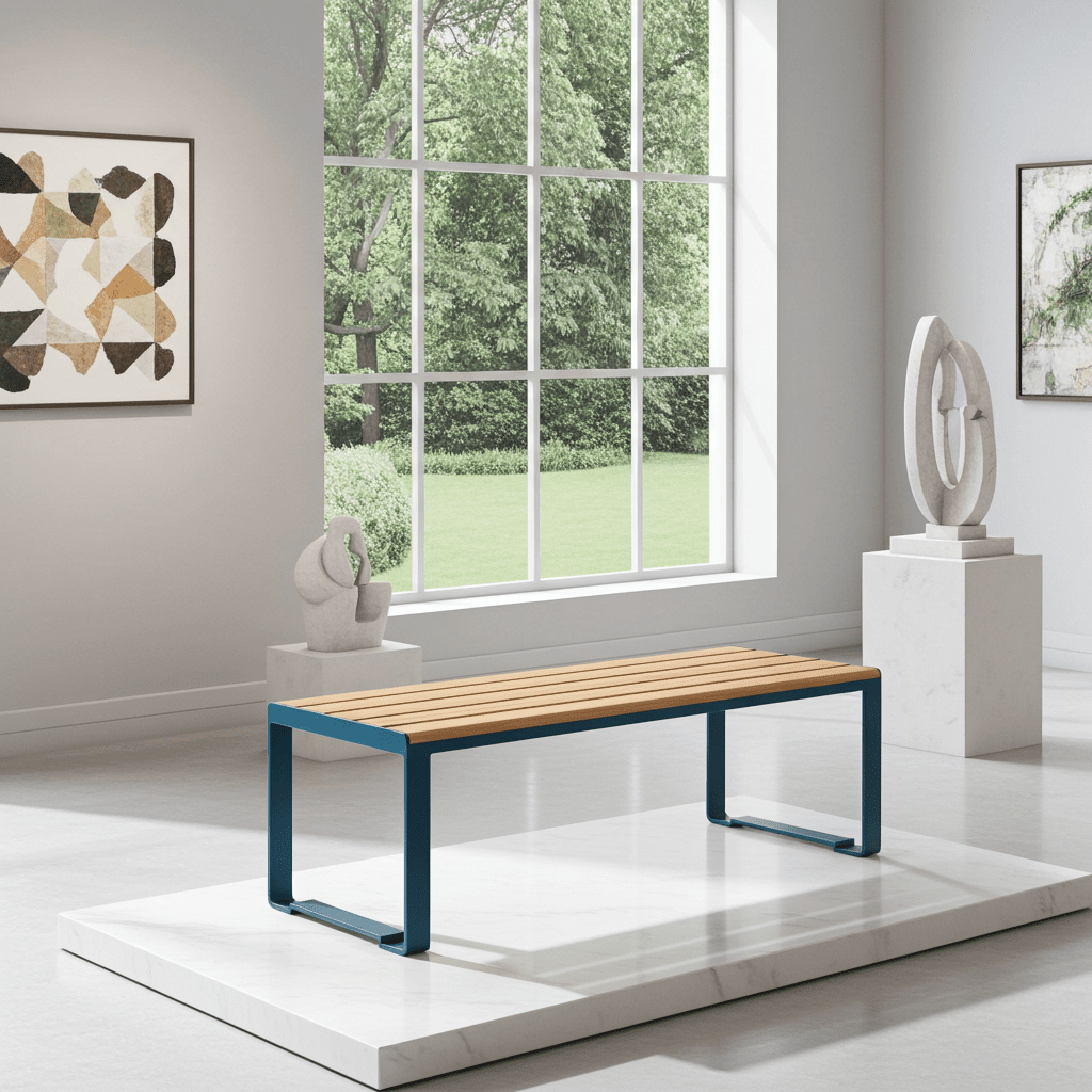 Modern 3-seater backless wooden bench with metal frame in a bright, minimal indoor setting