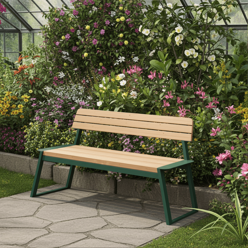 Modern wooden 3-seater bench with metal frame and backrest in a garden setting