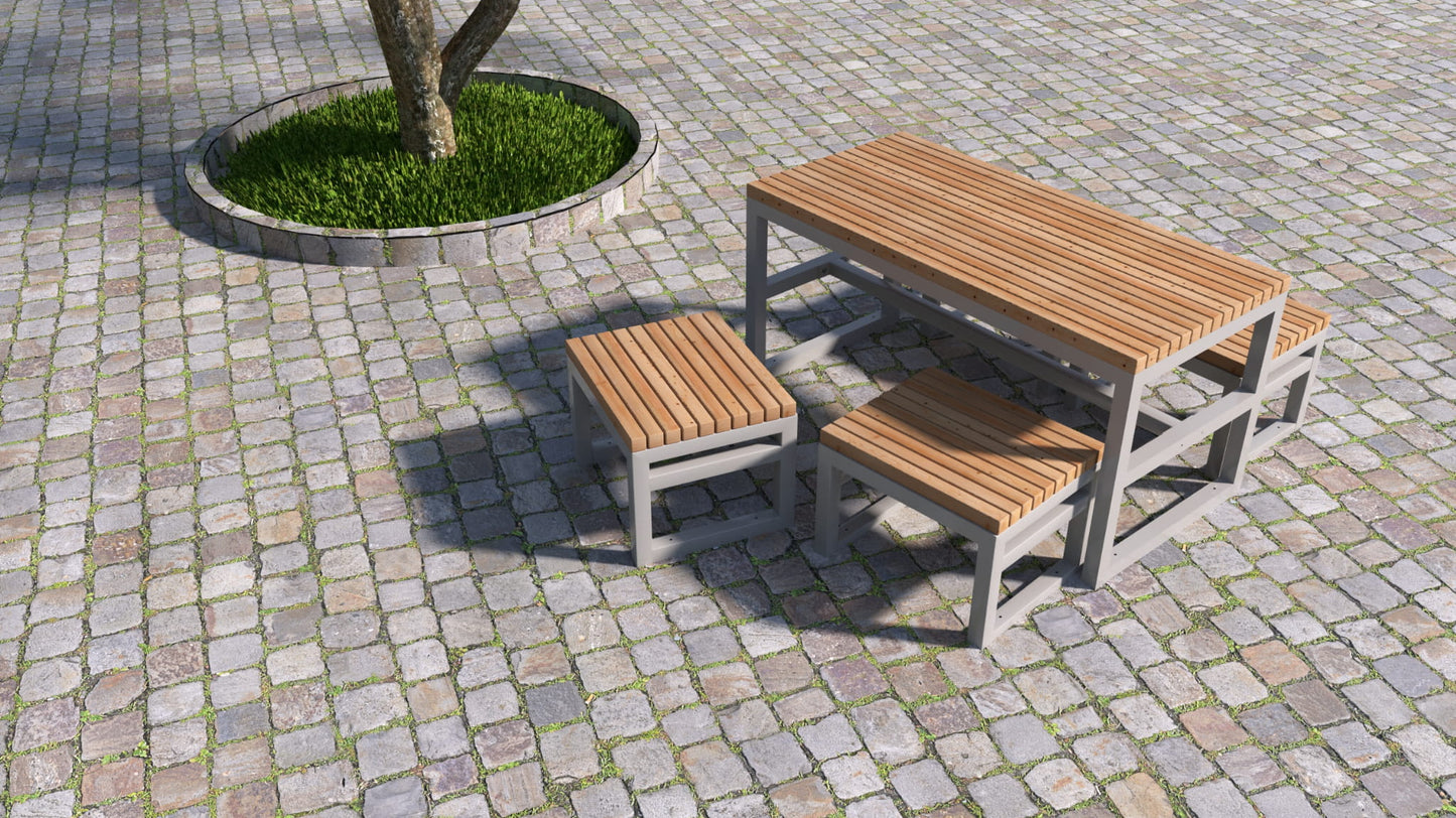 Outdoor wooden table with metal frame and matching benches on cobblestone patio