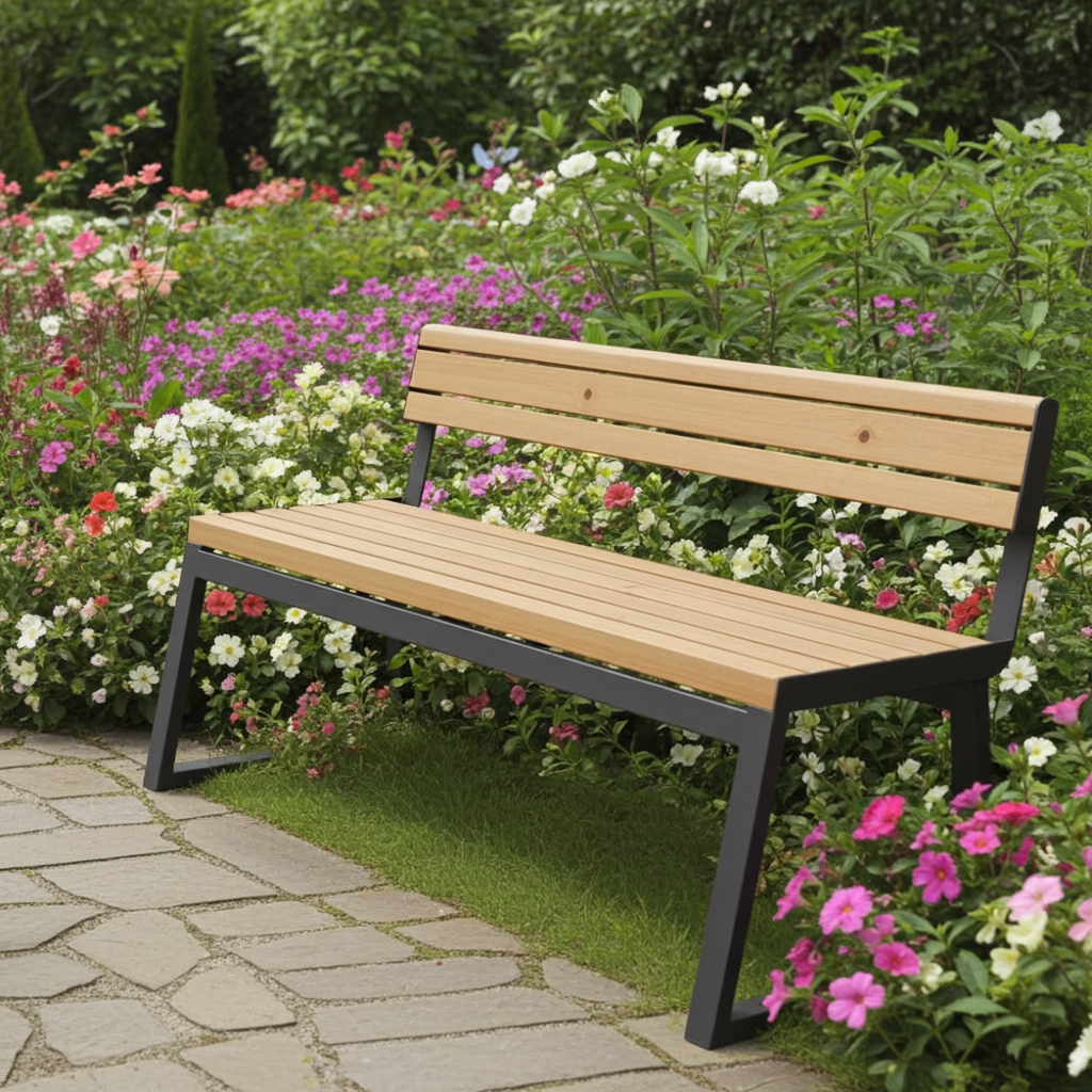 Modern wooden garden bench with metal frame surrounded by colorful flowers on a stone path