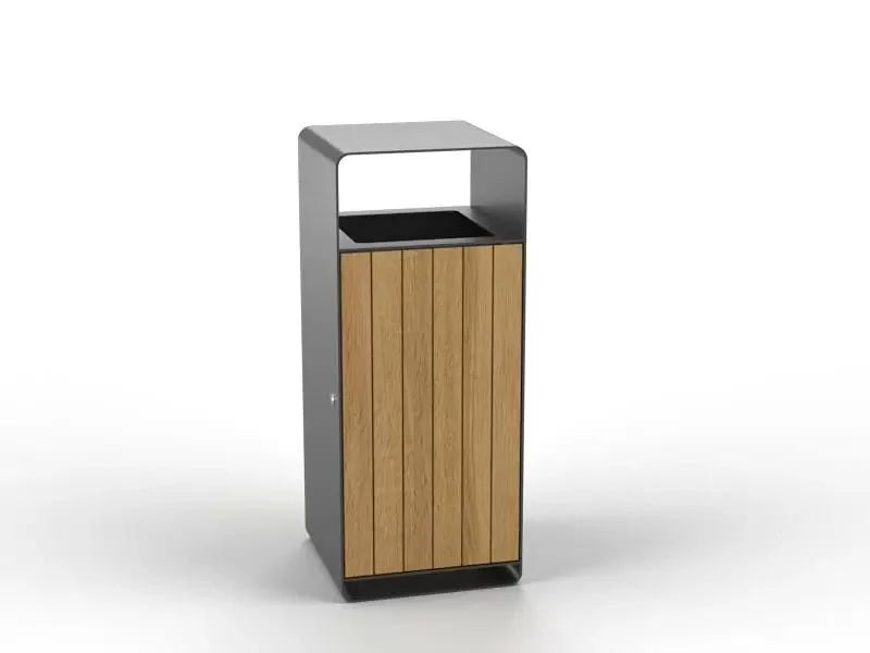 Modern metal and wood wastebasket with vertical slats, home or office trash bin