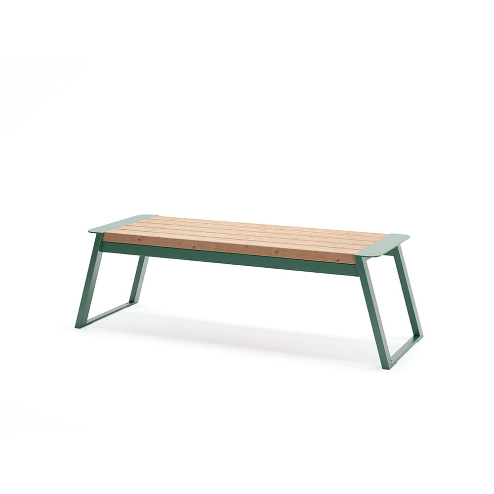 Modern 3-seater public backless bench with wood seat and green metal frame