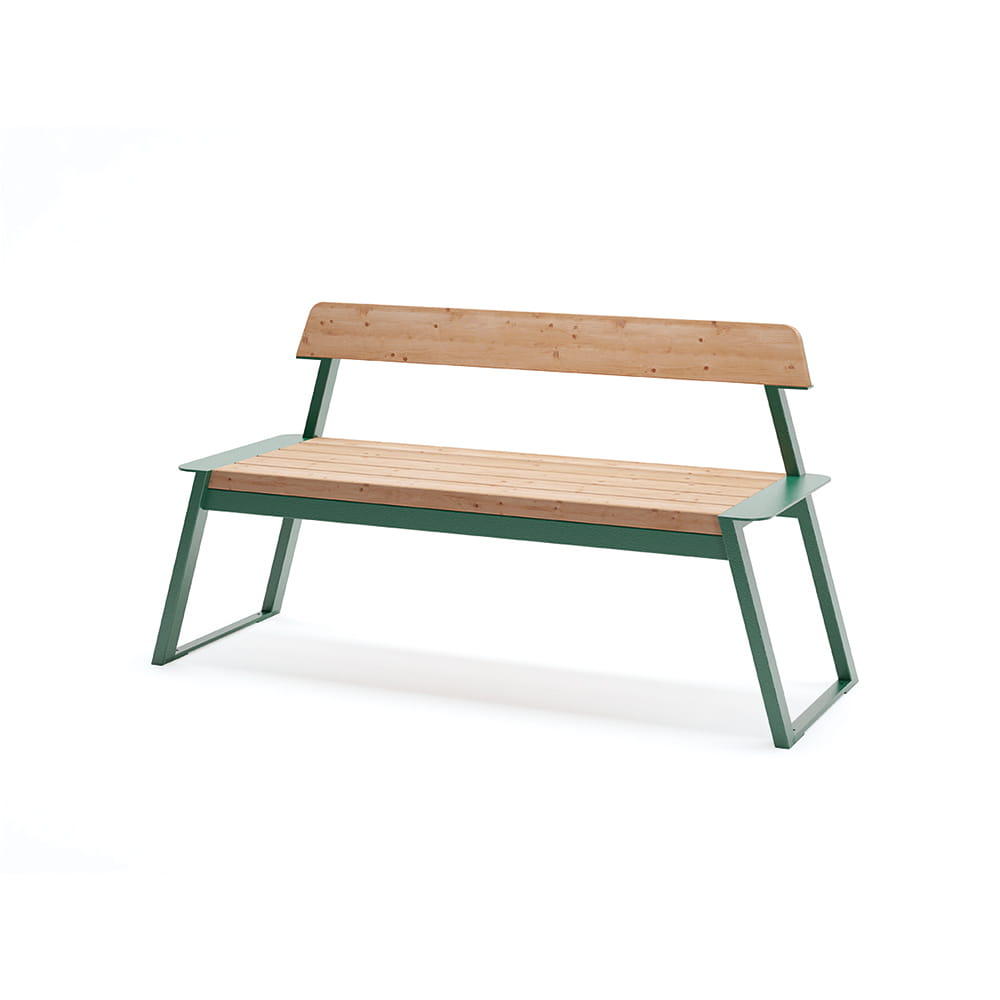 Modern three-seater wooden bench with green metal frame and backrest on white background.
