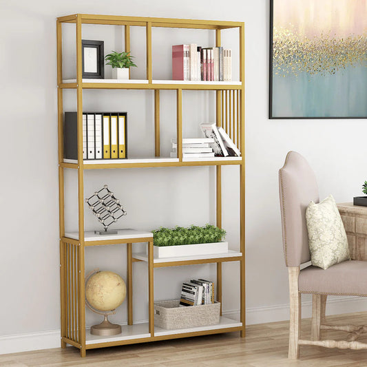 Stable Bookshelf, 7-Open Shelf Bookcase with Gold Sturdy Metal Frame