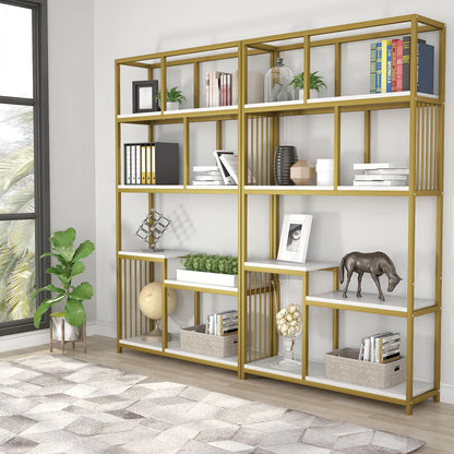 Stable Bookshelf, 7-Open Shelf Bookcase with Gold Sturdy Metal Frame