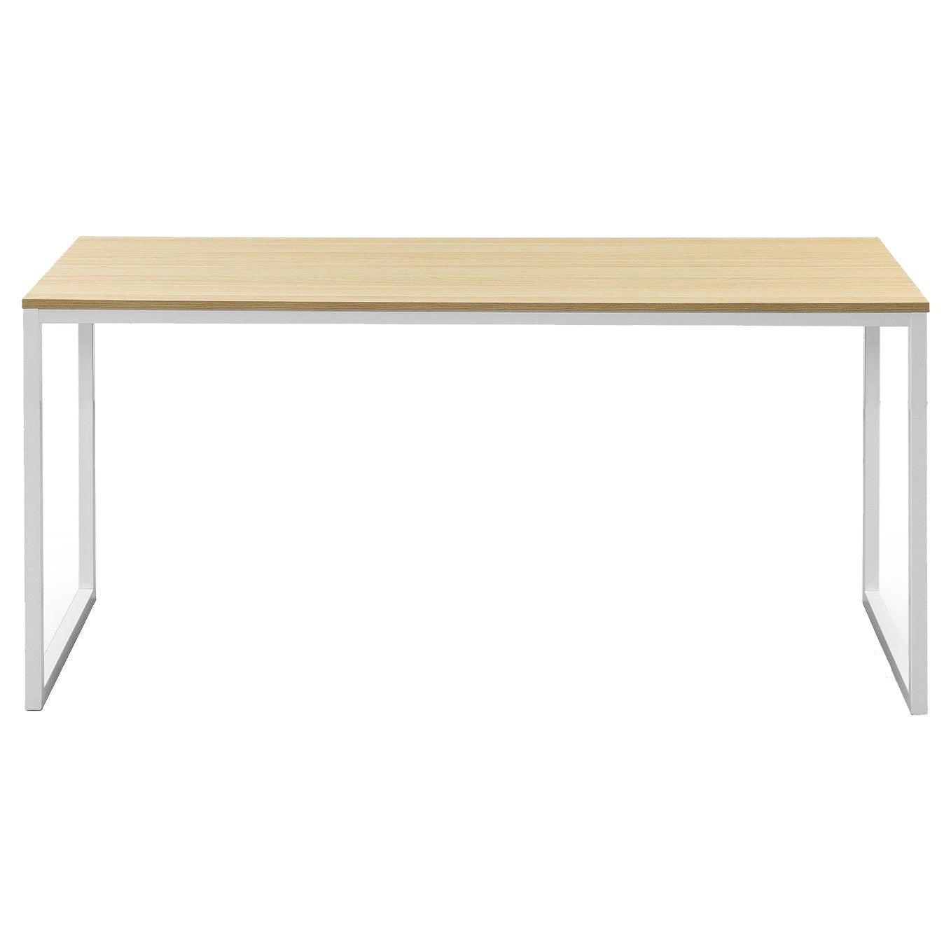 Modern office desk with light wood top and white metal frame, minimalist style