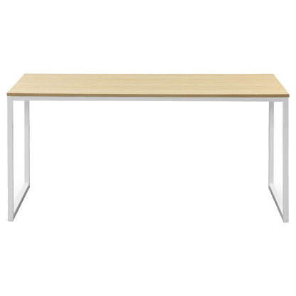Modern office desk with light wood top and white metal frame, minimalist style