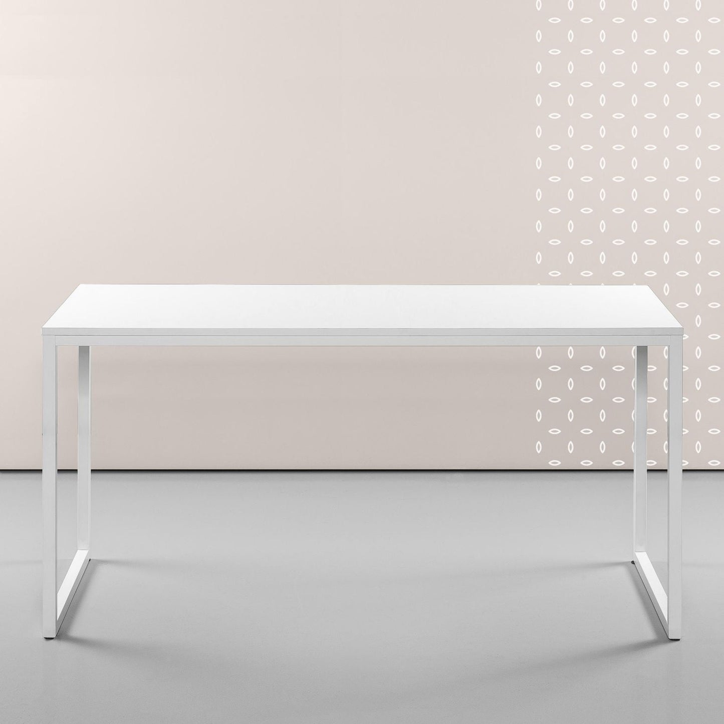 Modern white office desk with sleek metal legs in minimalist room
