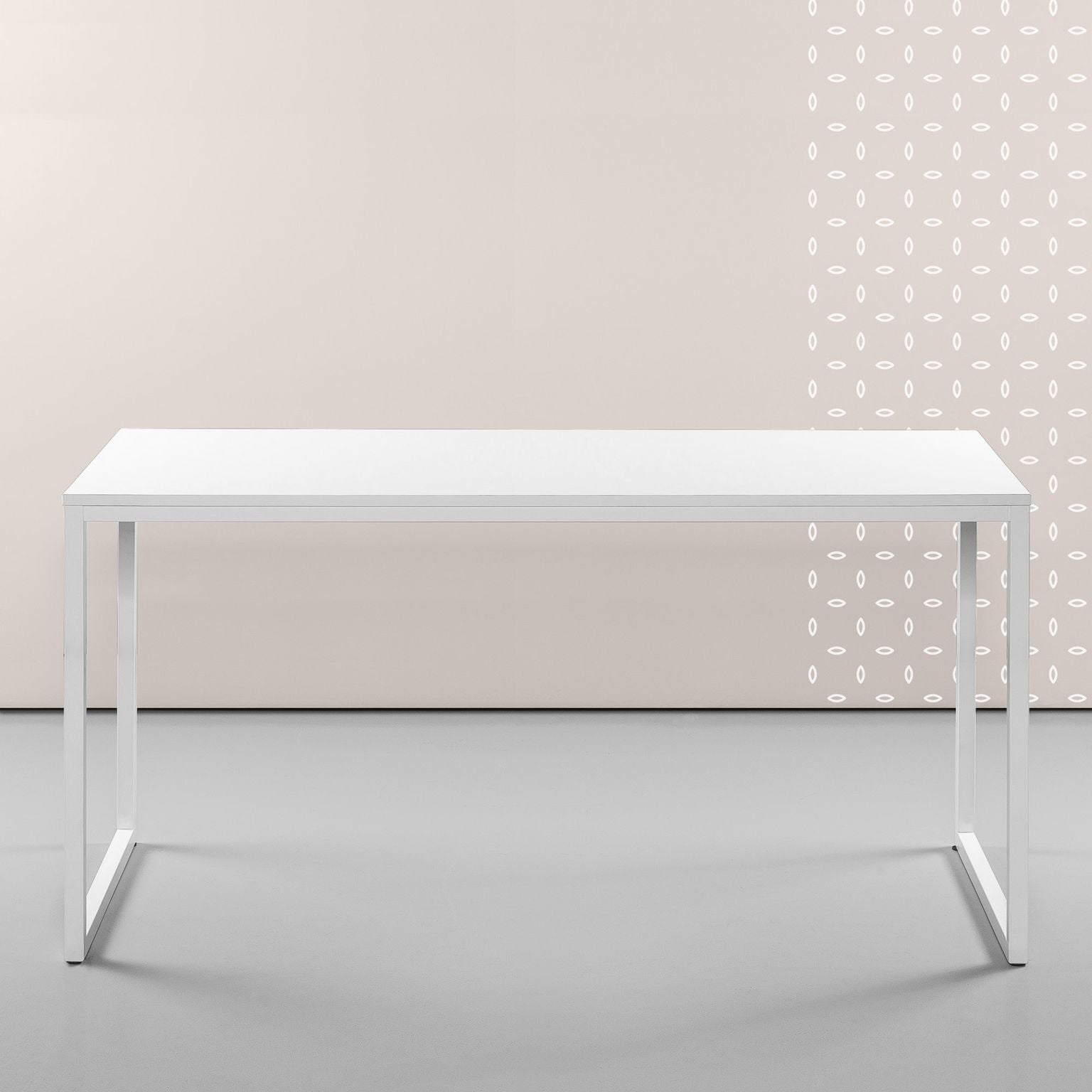 Modern white office desk with sleek metal legs in minimalist room