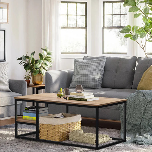 Coffee Table With Shelf Black & Beige  102X52/42 Cm