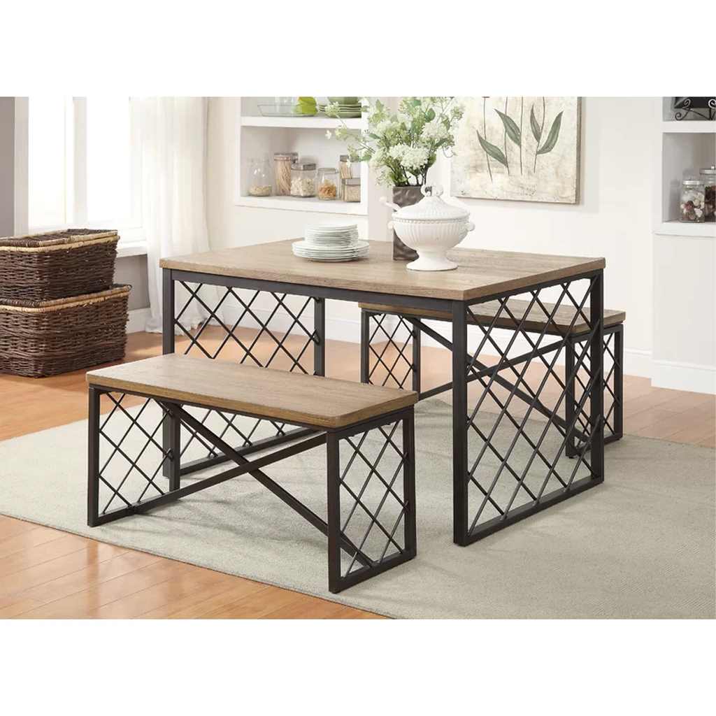 Dining Table with 2 Benches - Brown & Black