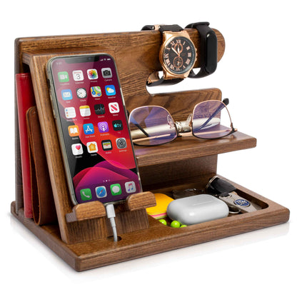 Multifunctional Wooden Desk Organizer with Docking Stand