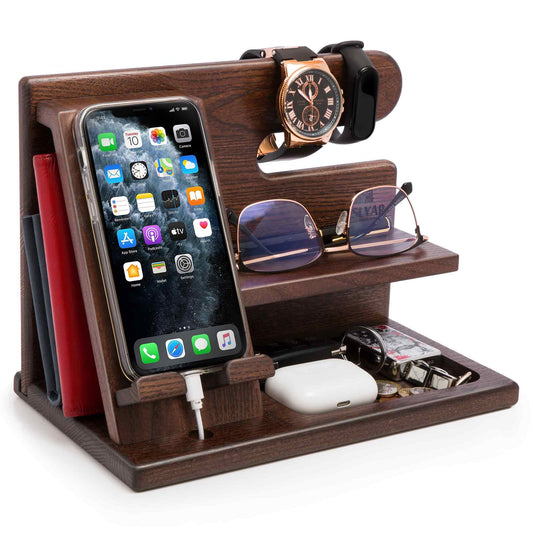 Multifunctional Wooden Desk Organizer with Docking Stand