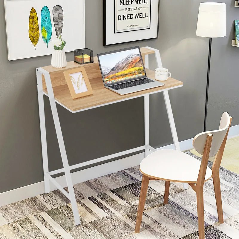 Modern computer desk with light wood top, white frame, and matching chair in a home office setup.