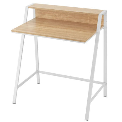 Modern computer desk with light wood tabletop and white metal frame, minimalist design