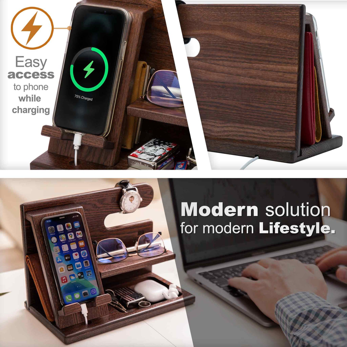 Multifunctional Wooden Desk Organizer with Docking Stand