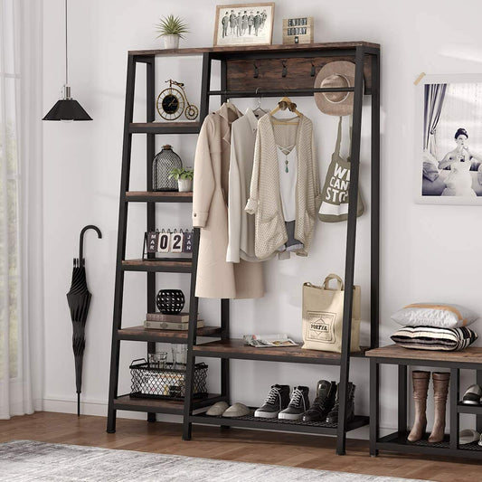 Stable Black & brown  Freestanding Closet Organizer, Hall Trees with Shoes Bench