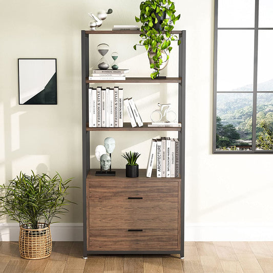 Stable Bookshelf, 4 Tier Etagere Display Bookcase with 2 Drawers