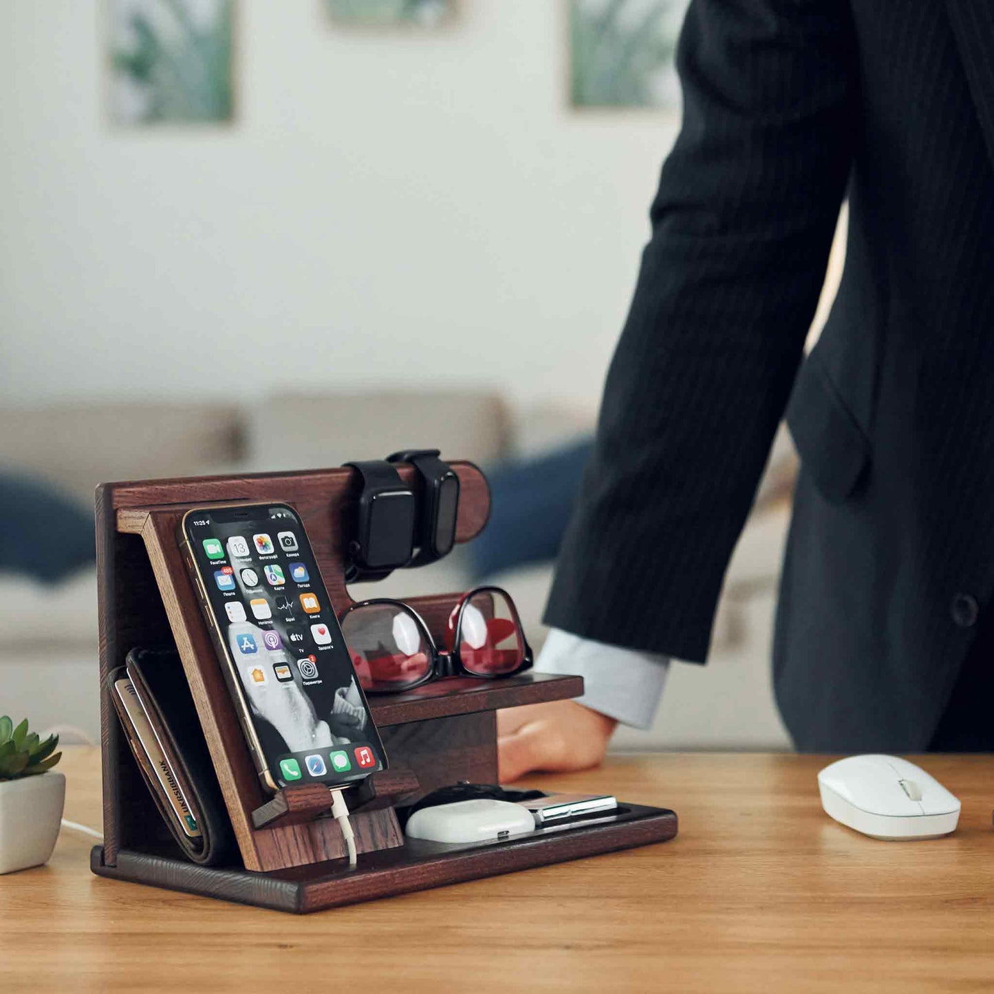 Multifunctional Wooden Desk Organizer with Docking Stand