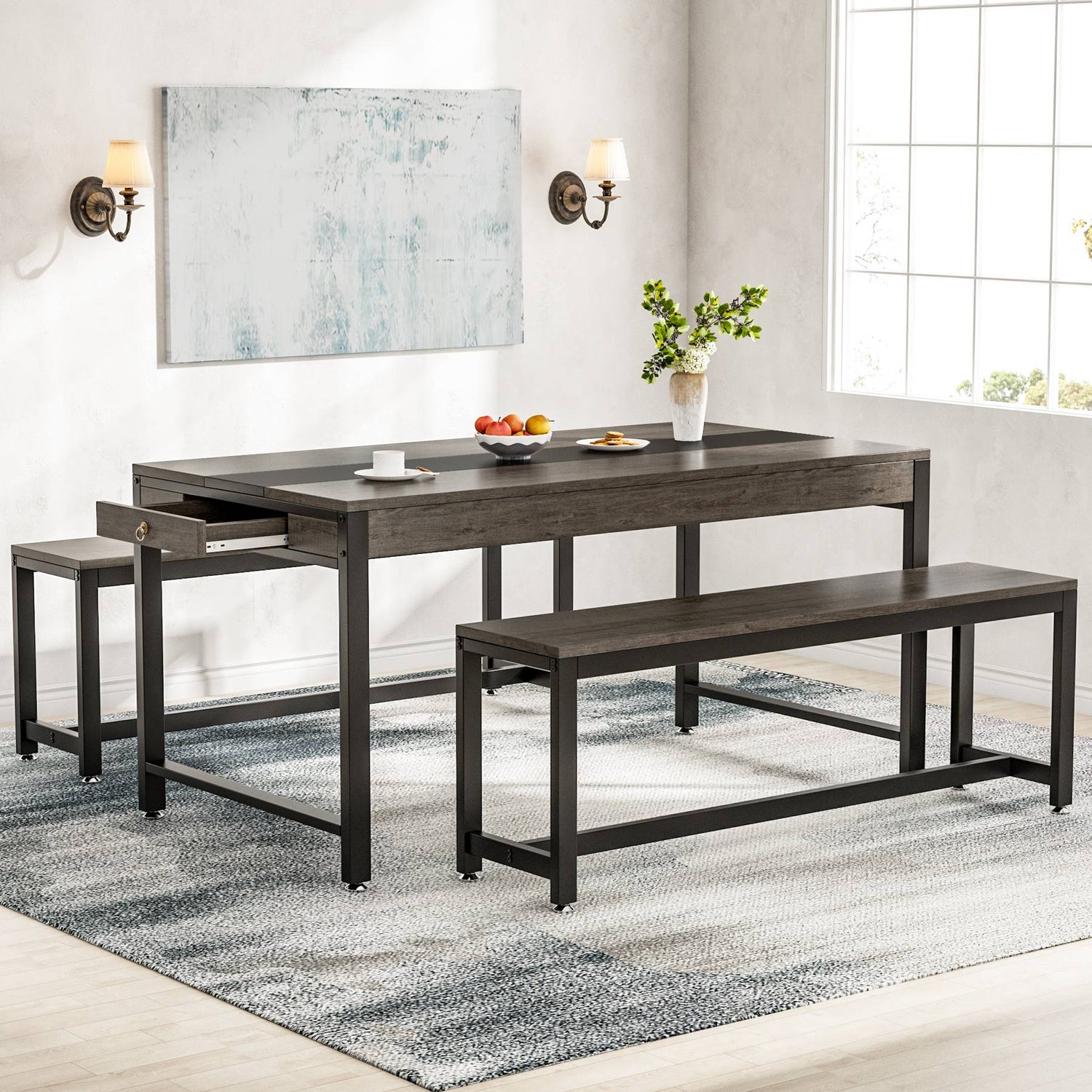 Modern dining set with dark wood table, matching bench and stool on gray patterned rug in bright room