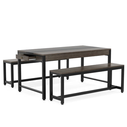 Stable Black & Grey Dining Table Set, Kitchen Breakfast Table with 2 Benches & Sided Drawer