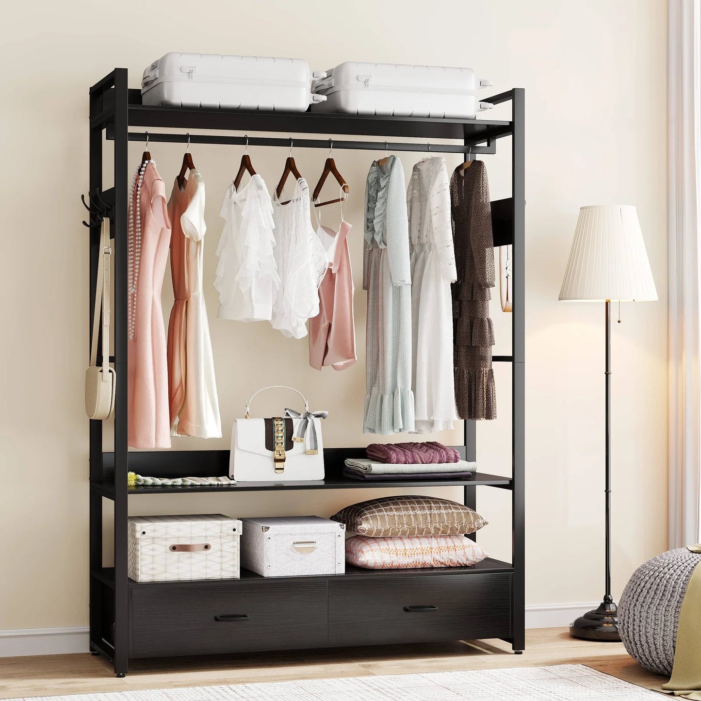 Stable Freestanding Closet Organizer, Garment Rack with Drawers & Storage Shelves