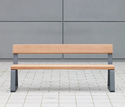 Modern outdoor bench with wood seat and steel legs for cafes and hotels