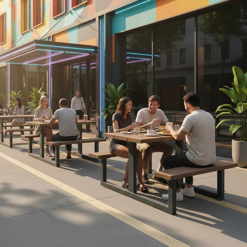 Outdoor cafe seating with wooden picnic-style tables and benches on a city street, with several people dining in front of a colorful modern building.