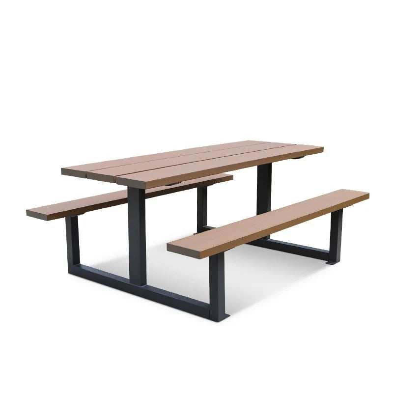 A modern outdoor picnic table with two attached benches, featuring brown composite-look slatted seats and backrests supported by a black metal frame, shown on a plain white background.