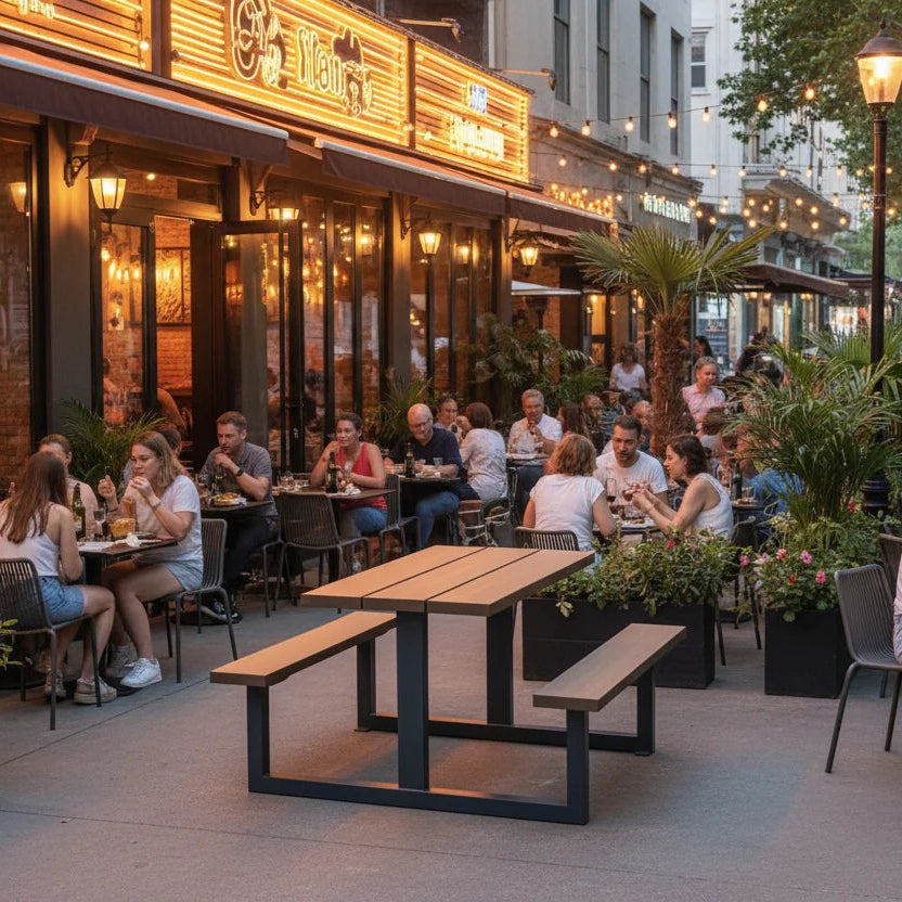 Outdoor patio seating at a restaurant with multiple people dining at tables, potted plants, and wooden picnic-style tables on a city sidewalk during the evening.