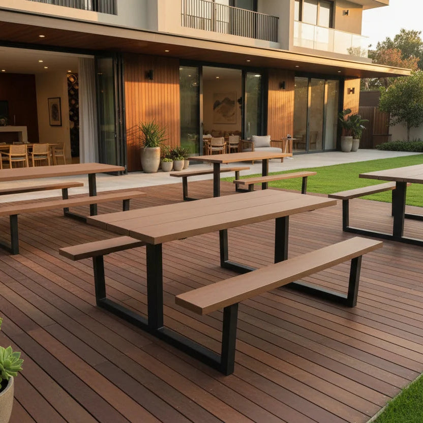 Outdoor wooden picnic tables with matching benches arranged on a brown deck next to a green lawn, with a modern house in the background.