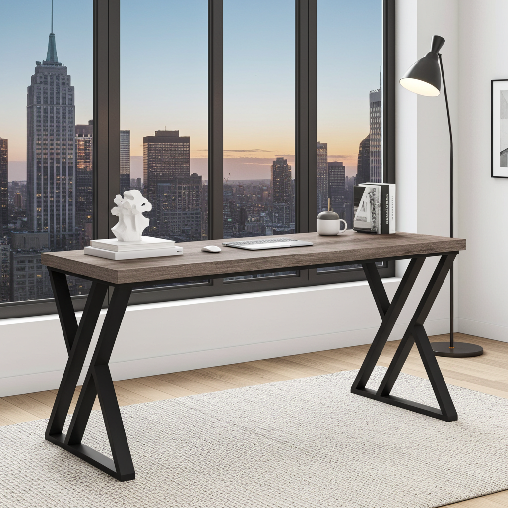 Modern desk with X-frame steel legs, wood top, in city view office, ideal for home or commercial use.