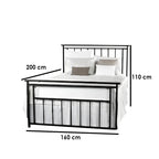 Modern metal bed frame 160x200 cm with white bedding and measurements displayed