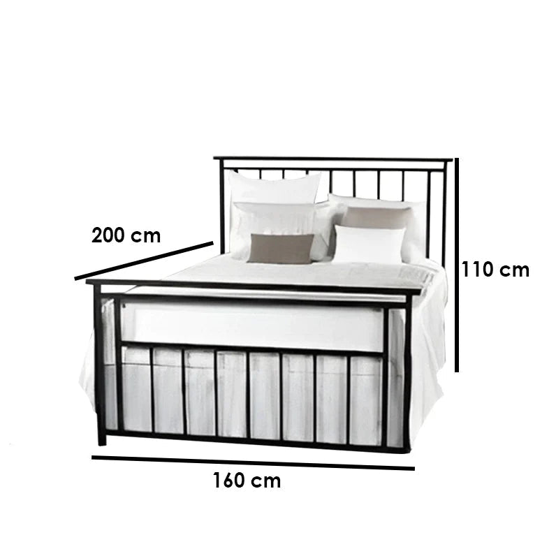 Modern metal bed frame 160x200 cm with white bedding and measurements displayed