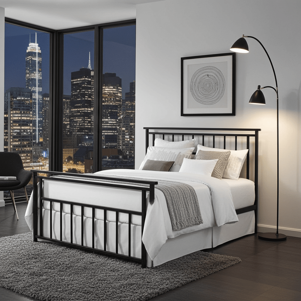 Modern black metal bed frame with white bedding in a contemporary bedroom, city view windows