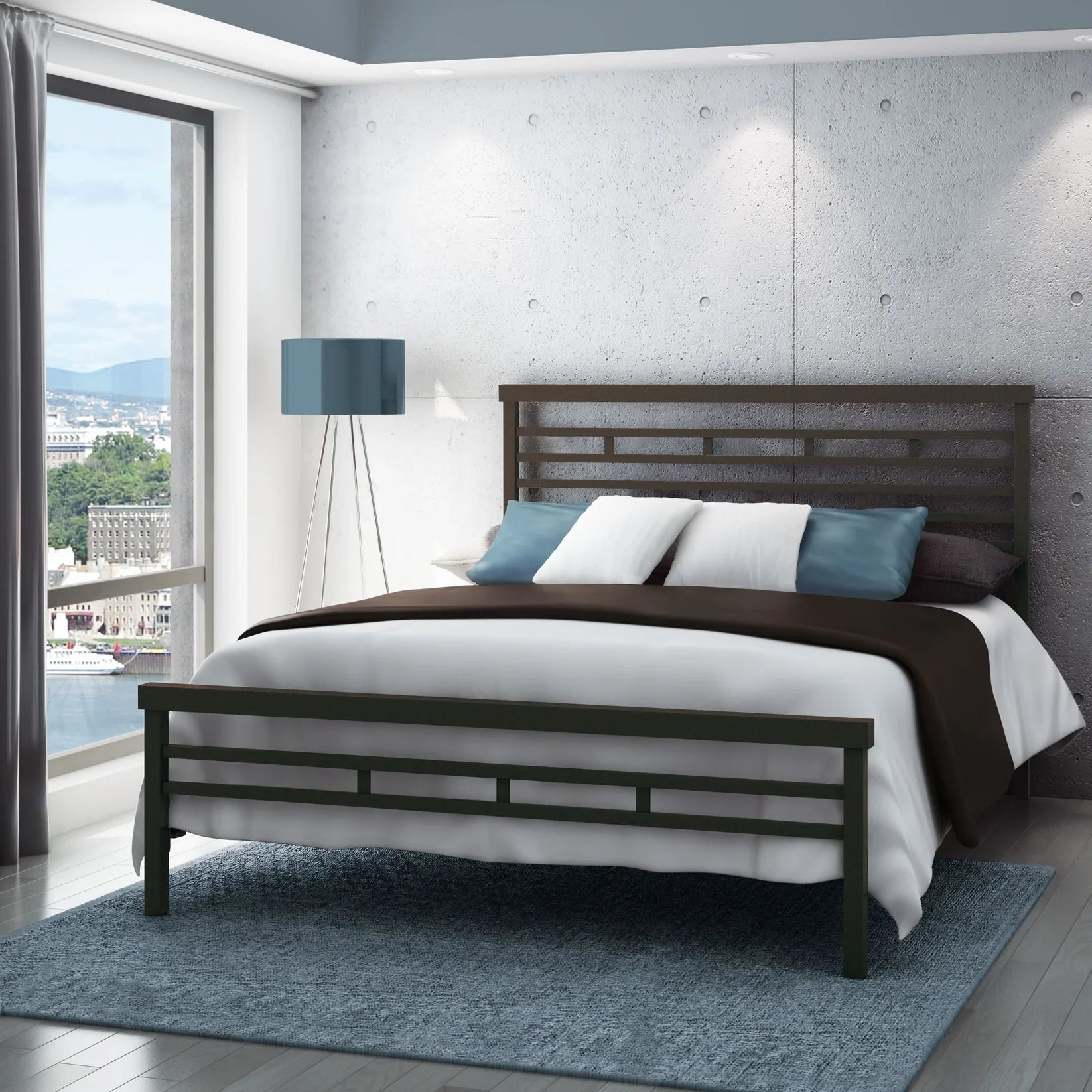 Modern double bed with geometric headboard, white bedding, in a bright bedroom with city view window