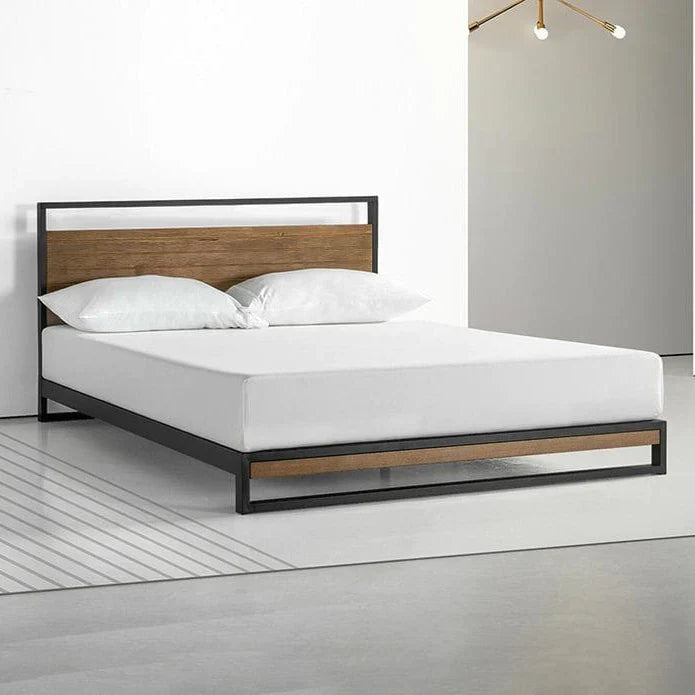 Modern double bed with black metal frame and wood accents in a minimalist bedroom