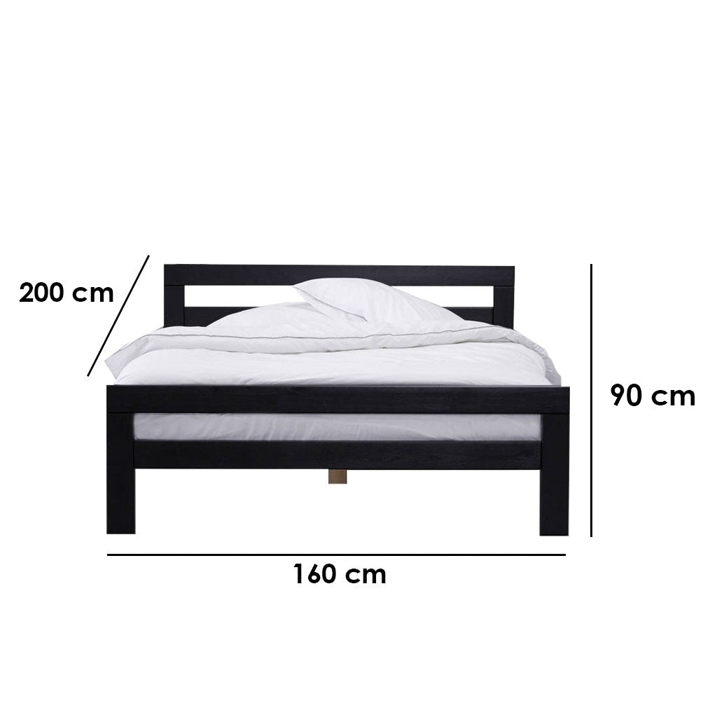 Black wooden bed frame with white bedding, 160x200x90 cm